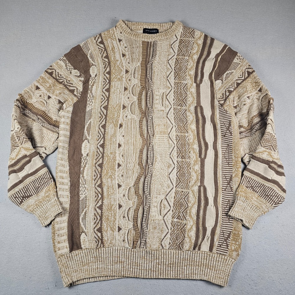 Cotton On Coogi Style Sweater Mens Extra Large Brown Abstract 3D Knit Grandpa